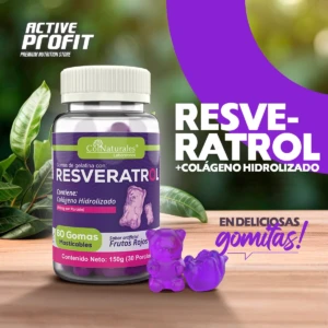 Resveratrol con colágeno hidrolizado en gomas masticables de frutos rojos, presentación de 60 gomas.