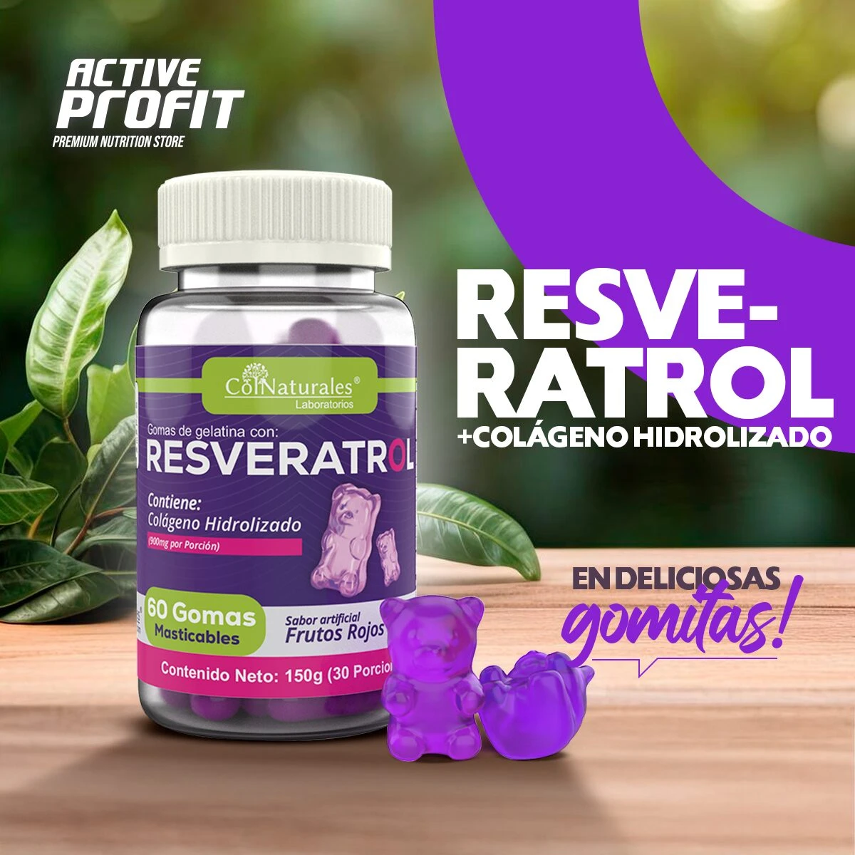Resveratrol con colágeno hidrolizado en gomas masticables de frutos rojos, presentación de 60 gomas.