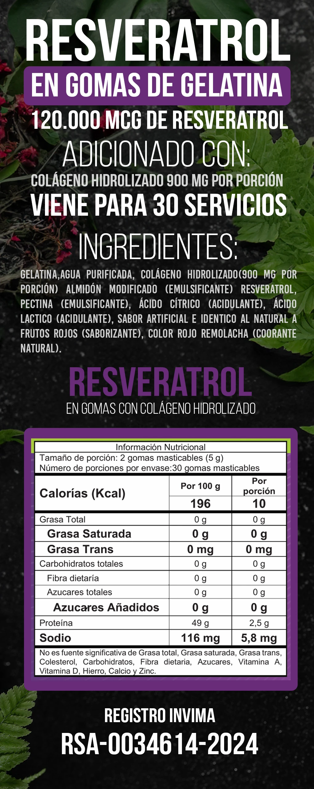 Resveratrol en gomas moradas, con colágeno, información nutricional y registro sanitario RSA-0034614-2024.