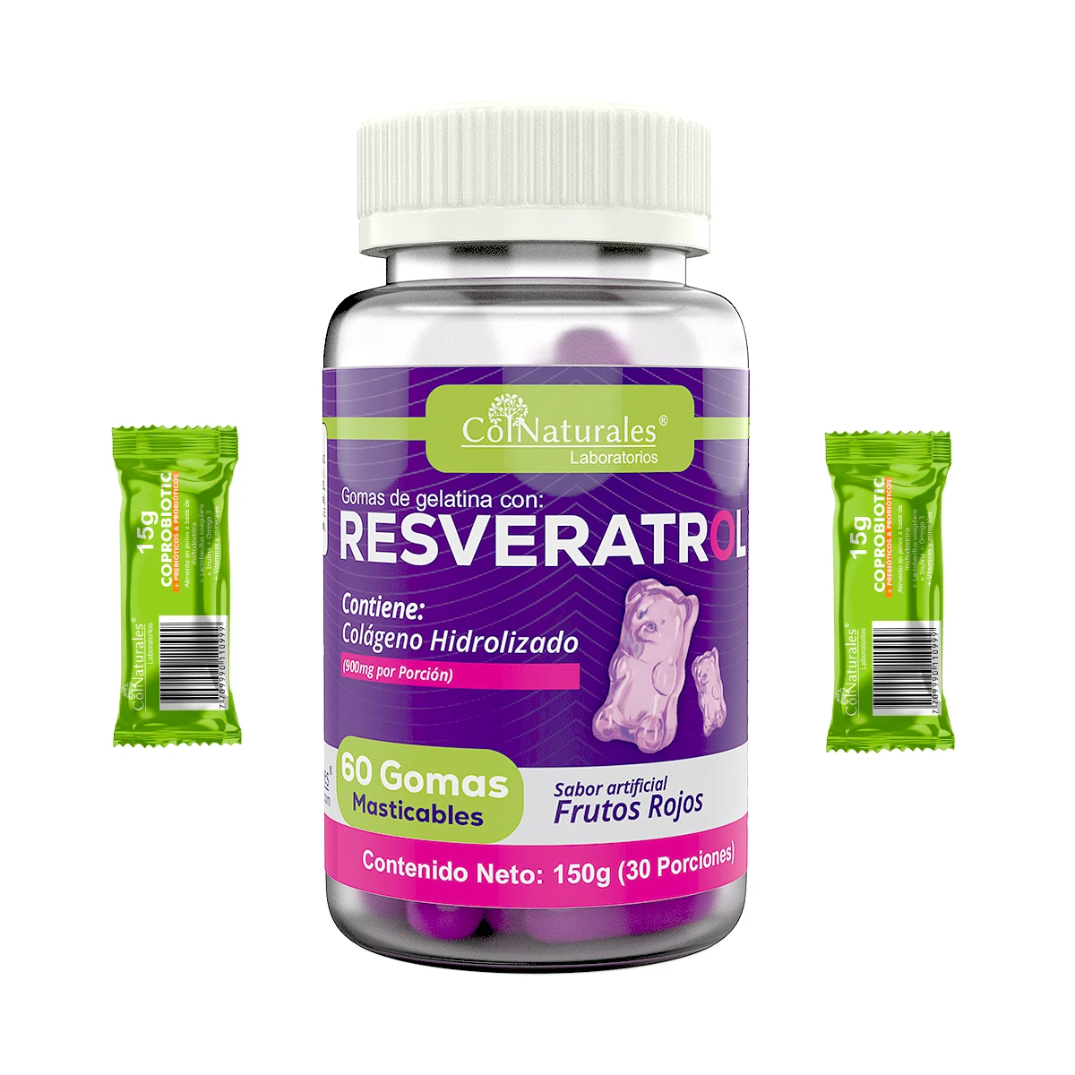 Resveratrol en gomas sabor frutos rojos con colágeno hidrolizado, en envase y sobres individuales.