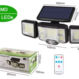 Lámpara solar negra de 192 LED con tres cabezales ajustables, sensor de movimiento, control remoto y caja de empaque con dimensiones especificadas.