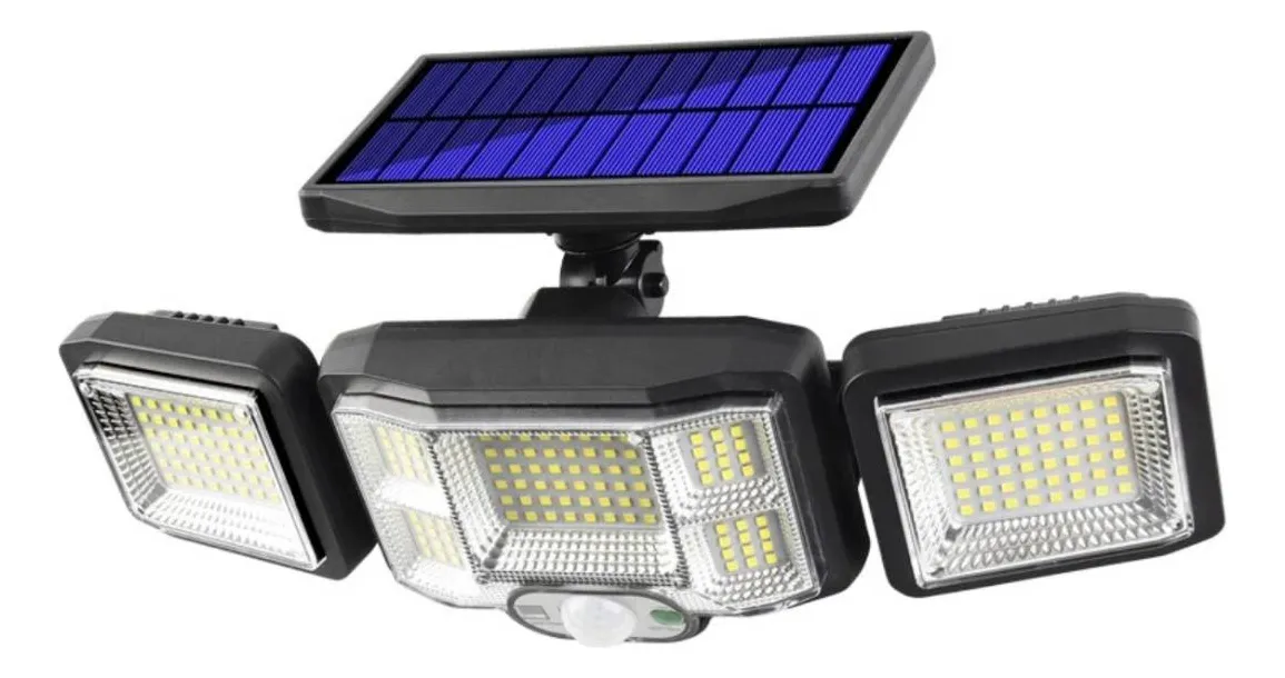 Lámpara solar negra de 192 LED con tres cabezales ajustables, panel solar superior y sensor de movimiento frontal para iluminación de exteriores.
