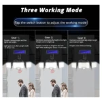 Lámpara solar LED con tres cabezales ajustables y sensor de movimiento, mostrando esquemáticamente sus tres modos de funcionamiento y detección nocturna.