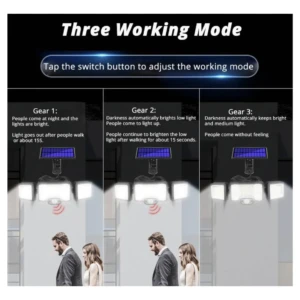 Lámpara solar LED con tres cabezales ajustables y sensor de movimiento, mostrando esquemáticamente sus tres modos de funcionamiento y detección nocturna.