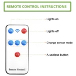 Control remoto rectangular blanco con botones azules para encendido, modos de sensor y botones rojos para apagado y función SOS, guía de uso integrada.