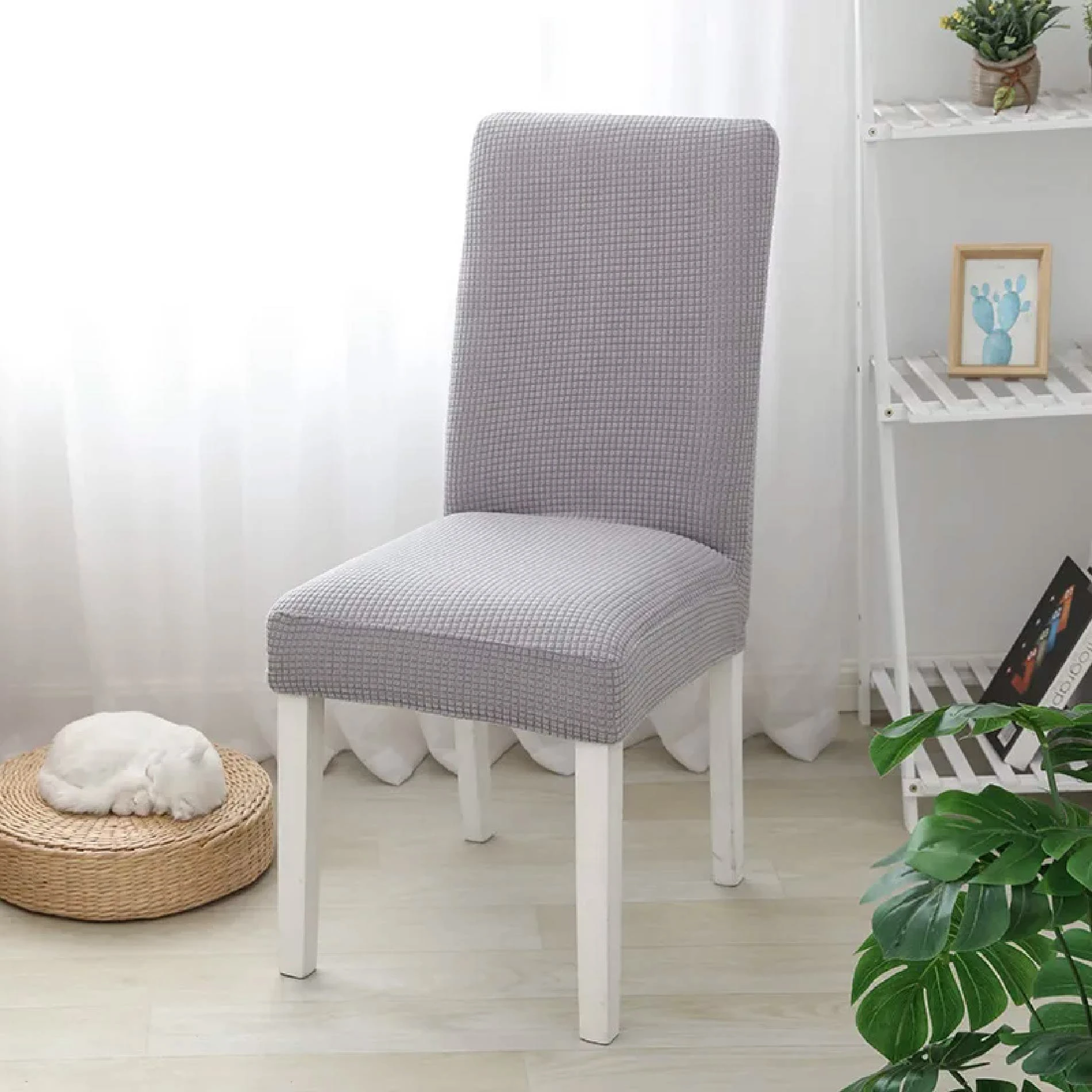 Forro gris texturizado para silla, protector grueso, ideal para comedor.