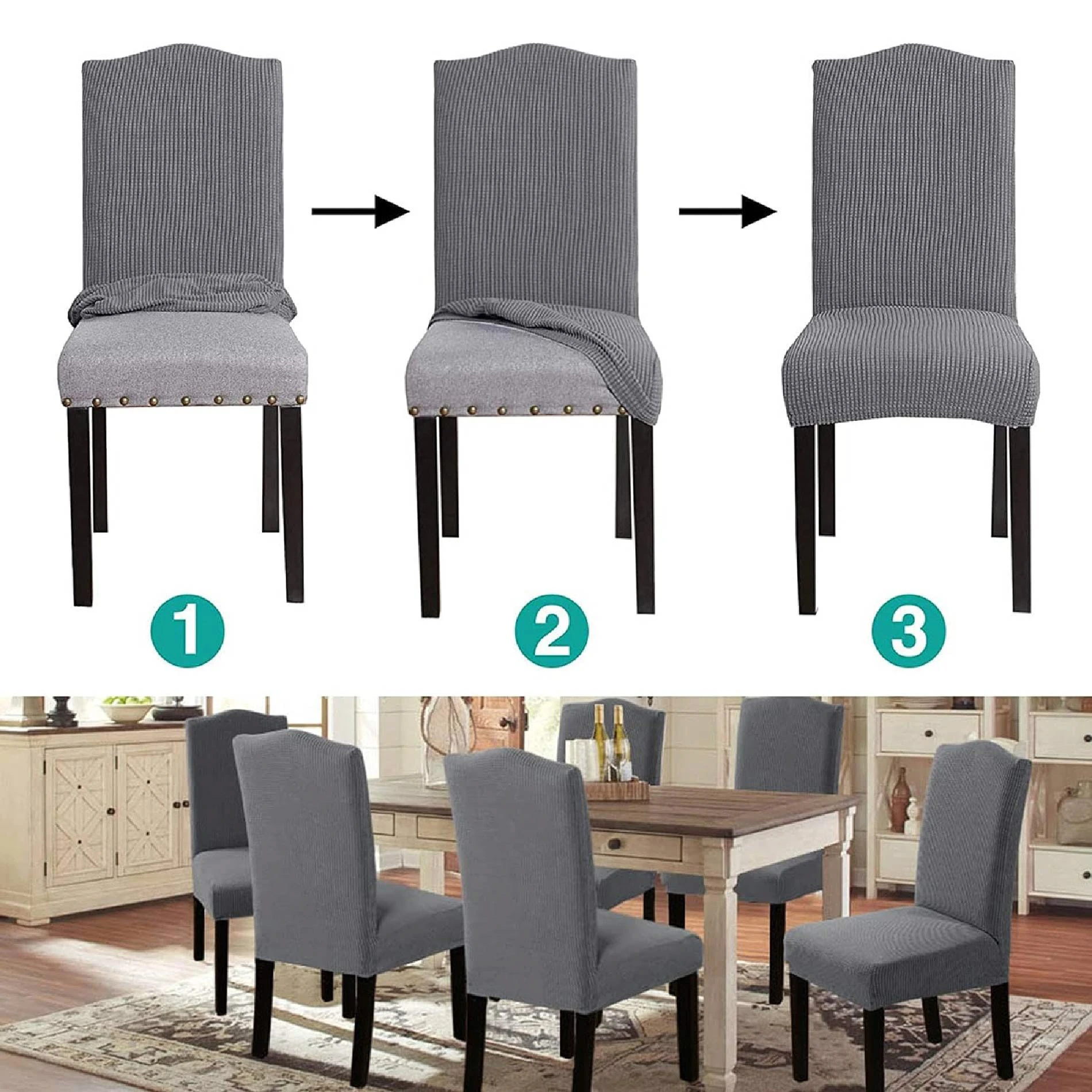 Forro Silla Protector Grueso gris, muestra instalación en 3 pasos y conjunto de 4 sillas en comedor.