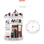 Organizador de maquillaje acrílico giratorio 360 con múltiples compartimentos para cosméticos.