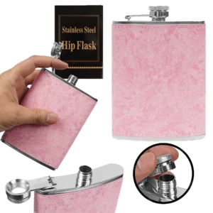 Wiskera de acero inoxidable rosa con cubierta texturizada, vista en mano y detalle de tapa.