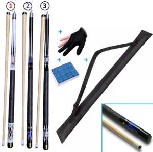 Combo taco billar: 3 tacos con estuche, guante y tizas, diseños variados.