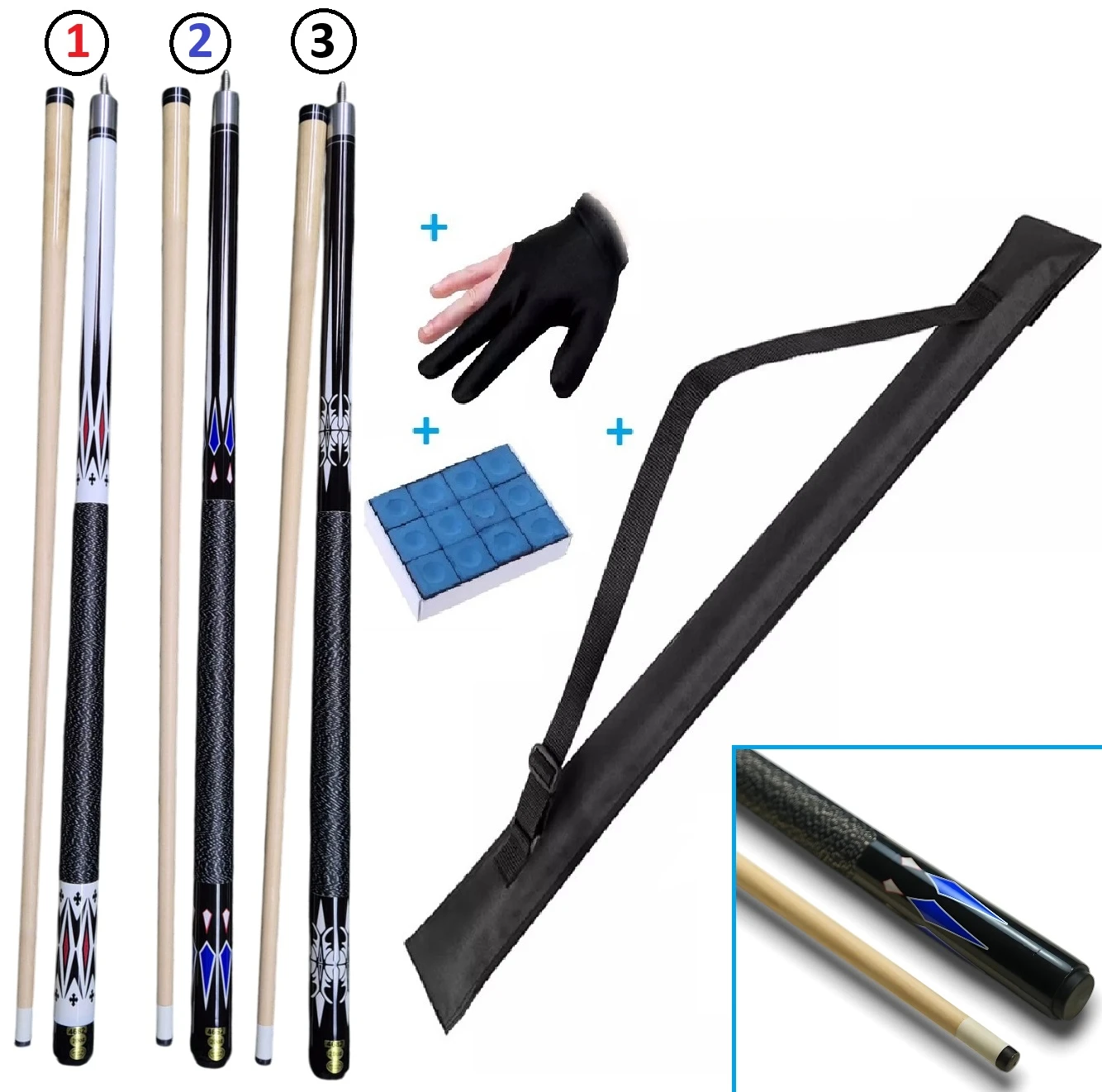 Combo taco billar: 3 tacos con estuche, guante y tizas, diseños variados.