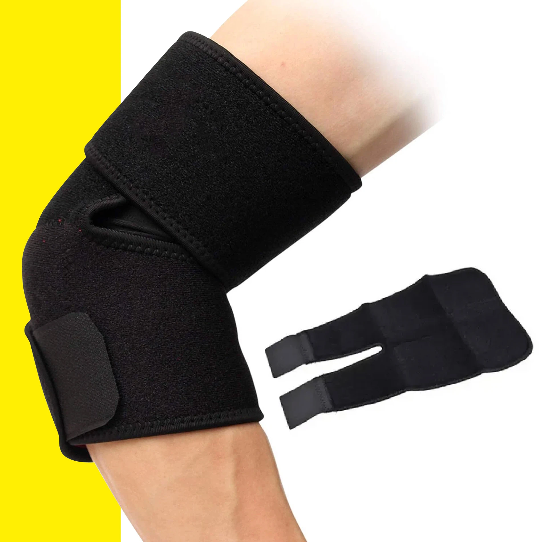 Codera ortopédica negra ajustable, para protección y soporte del codo. Incluye banda de ajuste.