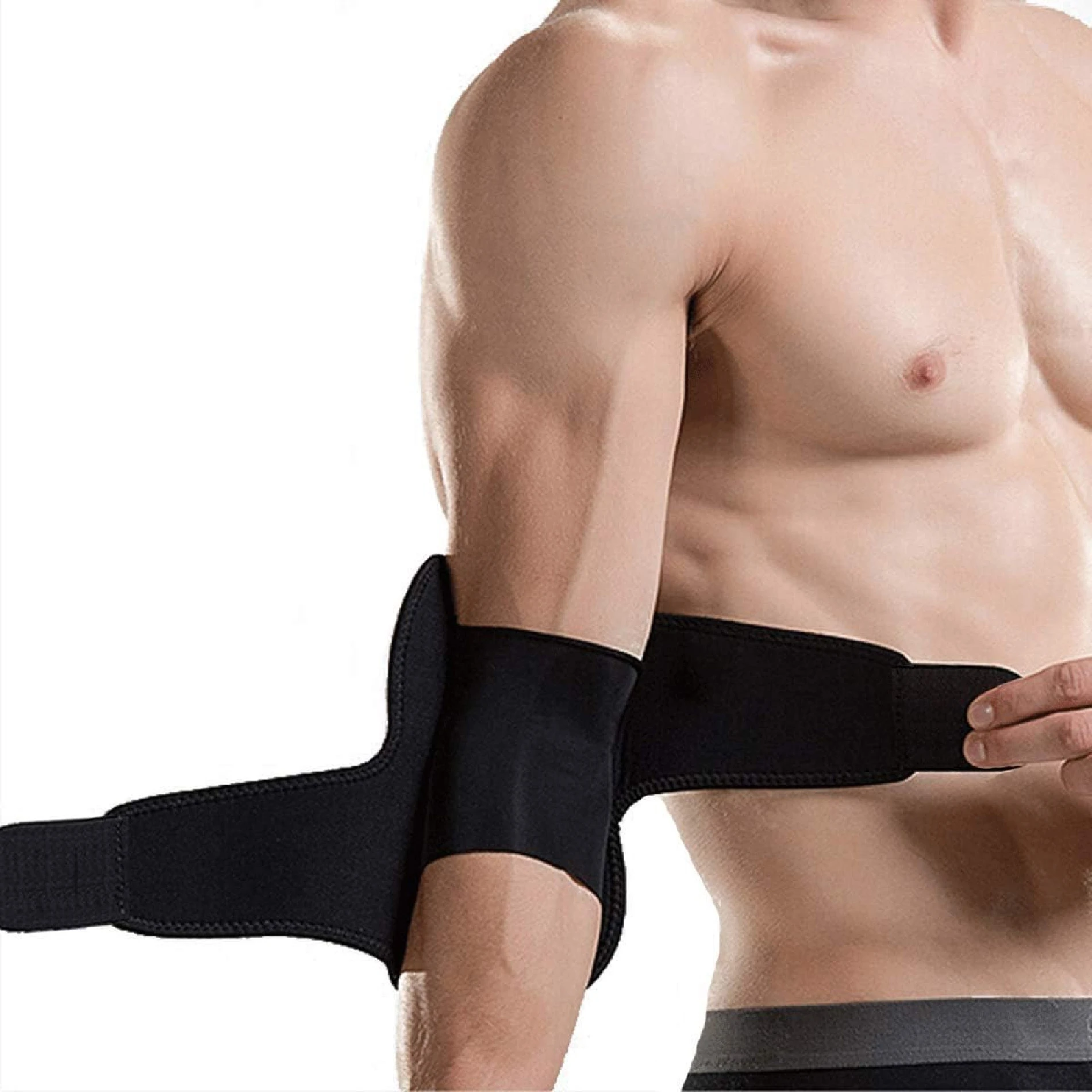 Codera ortopédica negra ajustable para protección del codo.