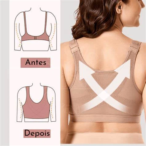 Brassier corrector de postura beige, vista trasera con efecto moldeador en espalda y busto. Comparativa antes y después.