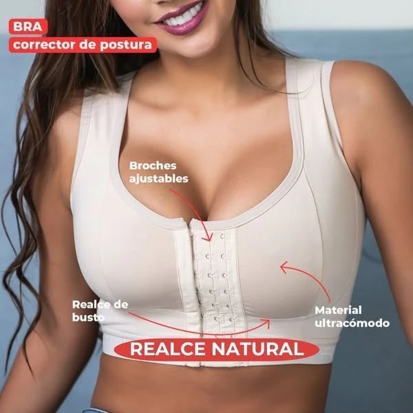 Brassier corrector de postura beige con broches ajustables, realce natural y material ultracómodo.