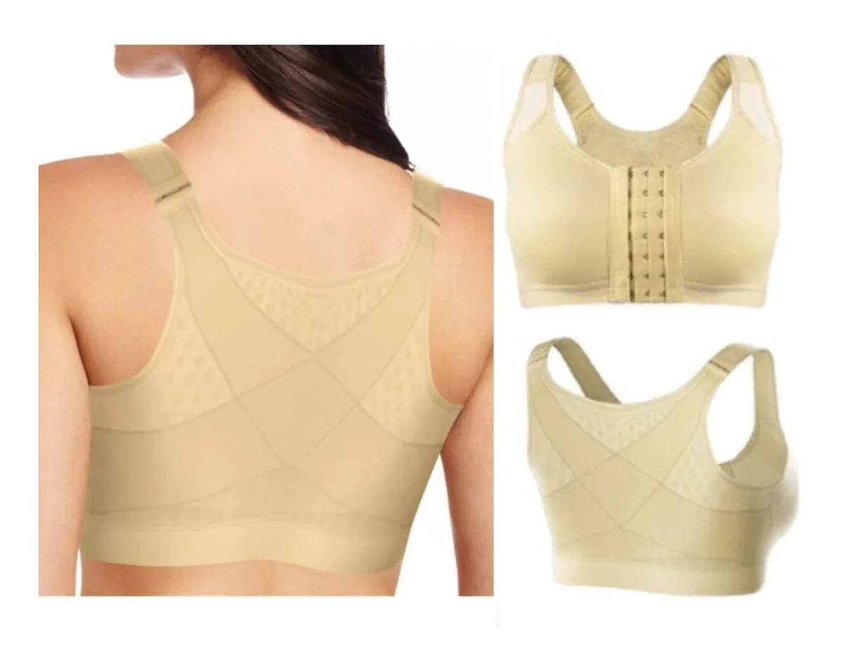 Brassier corrector de postura beige con soporte cruzado en espalda y broches frontales.