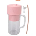 Mini licuadora portátil USB rosa 500ml con asa transparente y pajita.