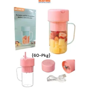 Mini licuadora portátil recargable rosa con vaso y accesorios, ideal para jugos.