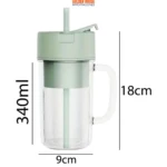 Mini licuadora USB verde 500ml, con medidas de 18cm alto, 9cm ancho y 340ml de capacidad.