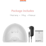 Lámpara para uñas blanca, modelo SUNone, con temporizador y sensor automático, incluye adaptador y manual.