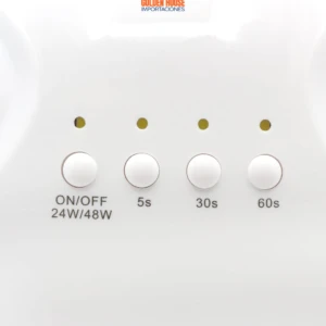 Panel de control de lámpara para uñas, luz LED, botones ON/OFF y temporizadores 5s, 30s, 60s.