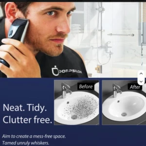 Capa impermeable para corte de barba en uso por hombre, con lavabo antes y después.