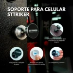 Soporte magnético para celular STTRIKER negro con base metálica, ideal para gimnasio. Incluye placa adhesiva.