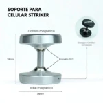 Soporte magnético metálico plateado para celular con cabezal giratorio 360° y base de 34mm.