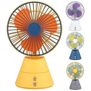 Ventilador de mesa amarillo con aspas naranjas y rejilla azul, giratorio y recargable.