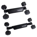 Dos mancuernas hexagonales negras de 10 kg unidas por un cinturón ajustable para ejercicios de cadera y glúteos.