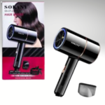 Secador de cabello Sokany modelo SK-CF-2241 color negro brillante con anillo luminoso azul, incluye boquilla concentradora y caja de empaque con diseño.