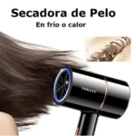 Secador de cabello Sokany negro con aro de luz azul, secando el pelo de una mujer, junto a un esquema de la estructura del cabello.