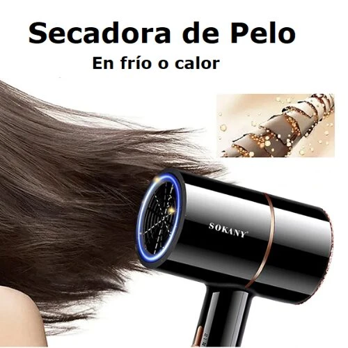 Secador de cabello Sokany negro con aro de luz azul, secando el pelo de una mujer, junto a un esquema de la estructura del cabello.