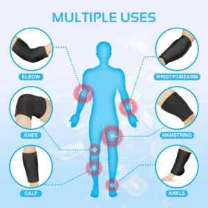 Rodilleras, coderas, muñequeras y tobilleras de compresión negra para terapia fría/calor, aliviando dolor e inflamación.