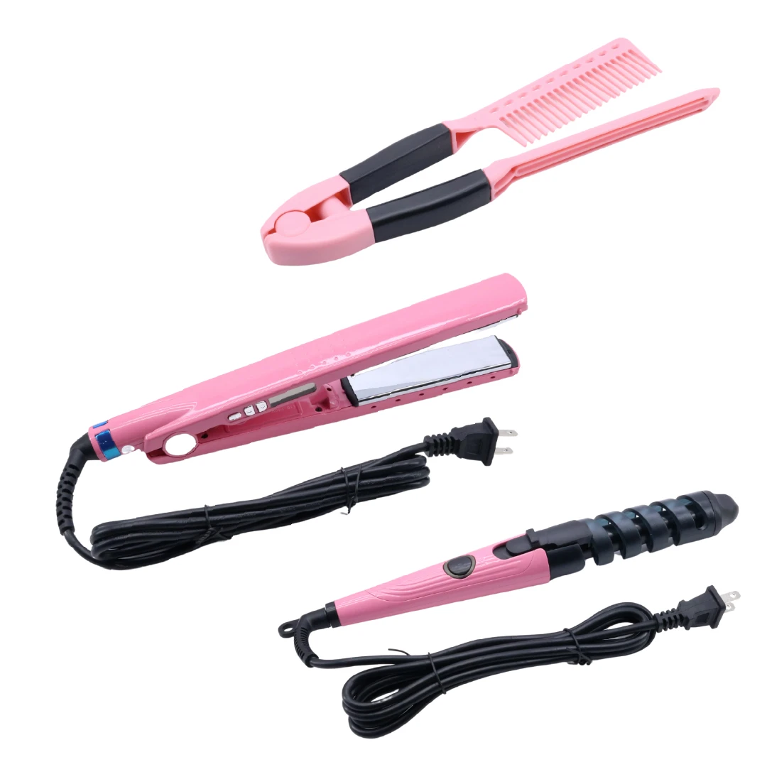 Kit de peinado rosa que incluye una plancha de cerámica, un rizador en espiral y un peine guía tipo pinza, todos con cable de conexión integrado.
