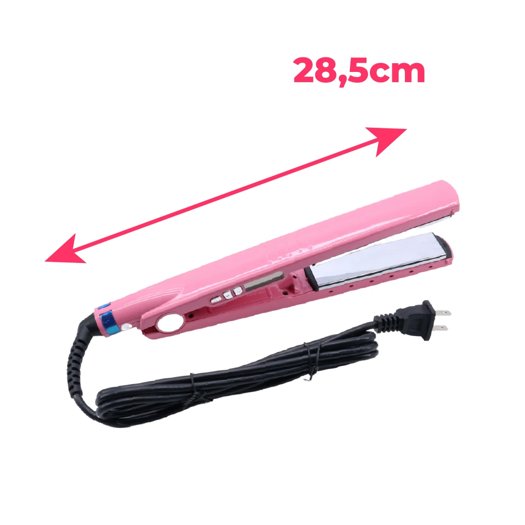 Plancha para cabello color rosa con placas de cerámica, diseño ergonómico de 28,5 cm de largo, incluye cable de alimentación con enchufe estándar.