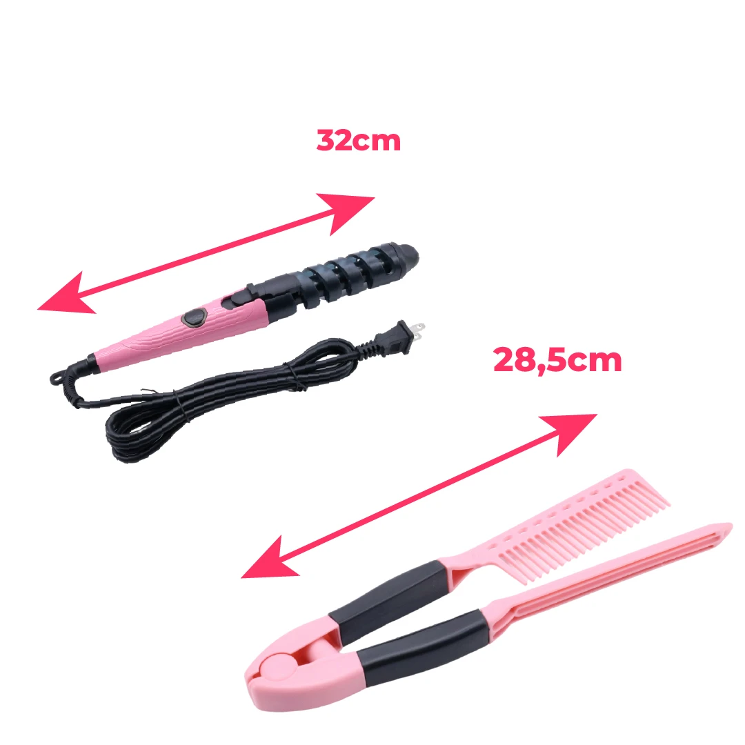 Set de estilizado color rosa: rizador de 32 cm con cable eléctrico y peine alisador de 28,5 cm con mango ergonómico y agarre de precisión.