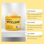 Crema Viticlear con veneno de abeja, en tarro amarillo con etiqueta, 30g/1oz. Beneficios: ayuda vitiligo, unifica tono.