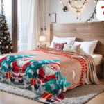 Cobija decorativa navideña con diseño de Santa Claus y árboles, ideal para cama.