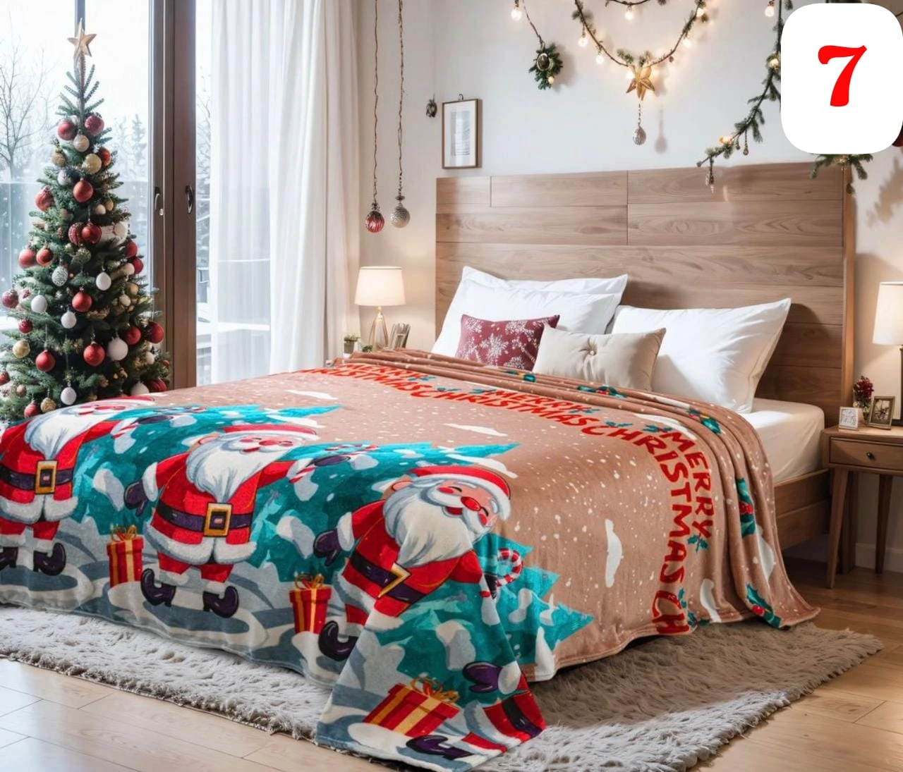 Cobija decorativa navideña con diseño de Santa Claus y árboles, ideal para cama.