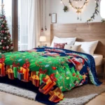 Cobija navideña decorativa con estampado de árbol de Navidad, regalos y Santa Claus en cama, tamaño Queen.