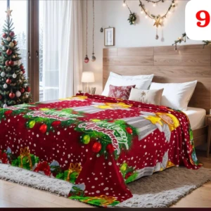 Cobija navideña roja con ángeles, adornos y regalos, ideal para cama.