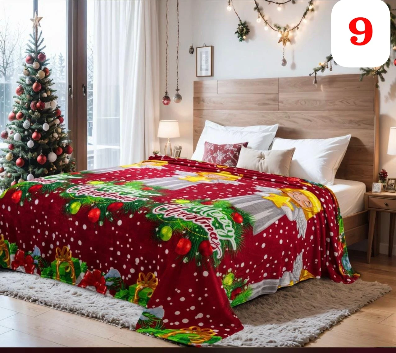Cobija navideña roja con ángeles, adornos y regalos, ideal para cama.