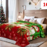 Cobija navideña decorativa roja y verde con muñecos de nieve y copos de nieve, ideal para cama.