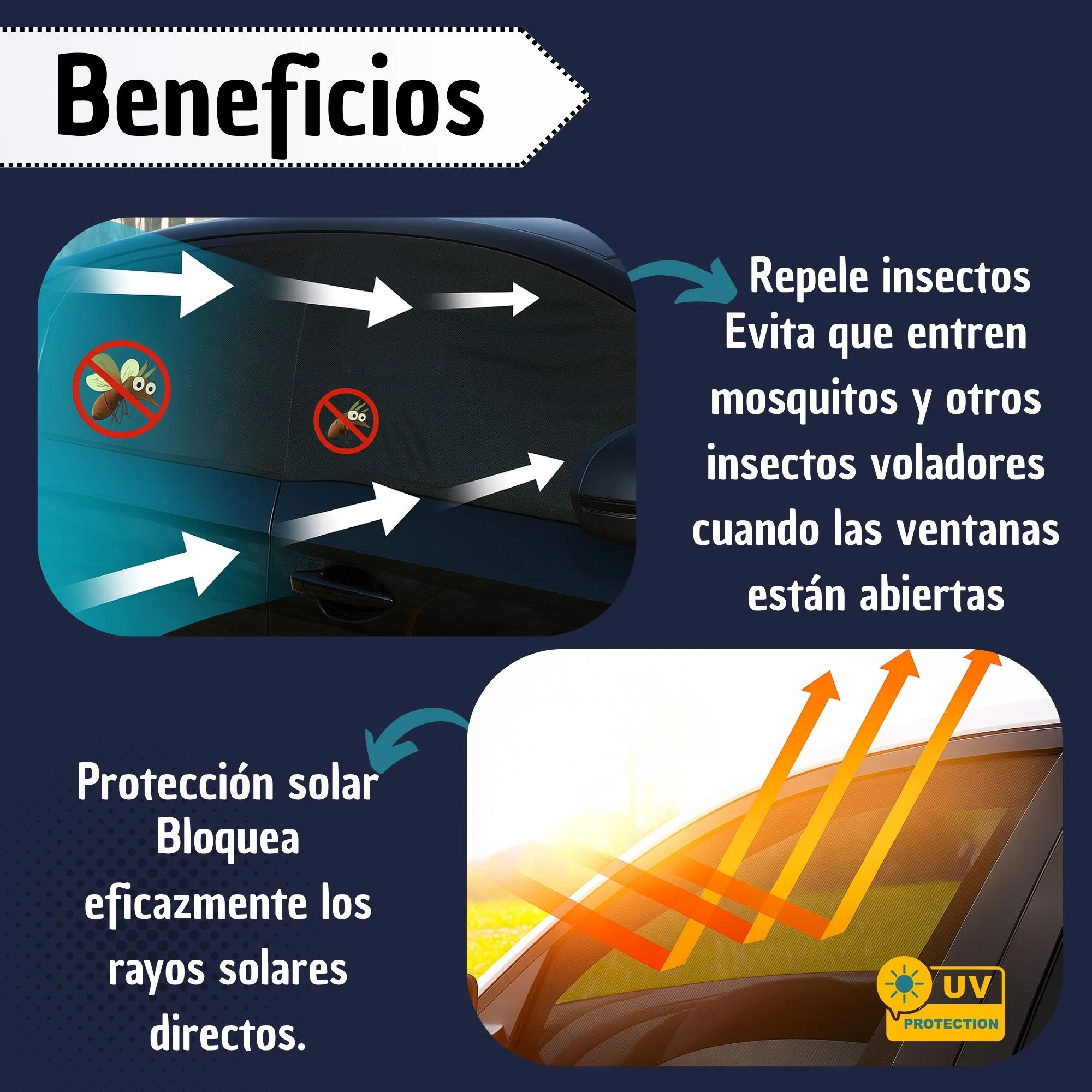 Parasol para ventanas de carro, protege del sol y evita insectos.