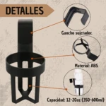 Soporte colgante negro para vasos, material ABS, capacidad 12-20 oz.