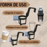 Soporte colgante para vasos y botellas. Instrucciones de uso: enganchar, colocar, verificar estabilidad.