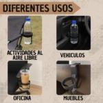 Soporte universal porta vasos colgante en uso para actividades al aire libre, vehículos, oficina y muebles.