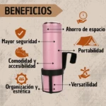 Soporte colgante para vasos rosa, para coche, destaca beneficios: seguridad, portabilidad, comodidad, organización, versatilidad.