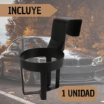 Soporte colgante negro para vasos de coche, con texto "INCLUYE" y "1 UNIDAD".